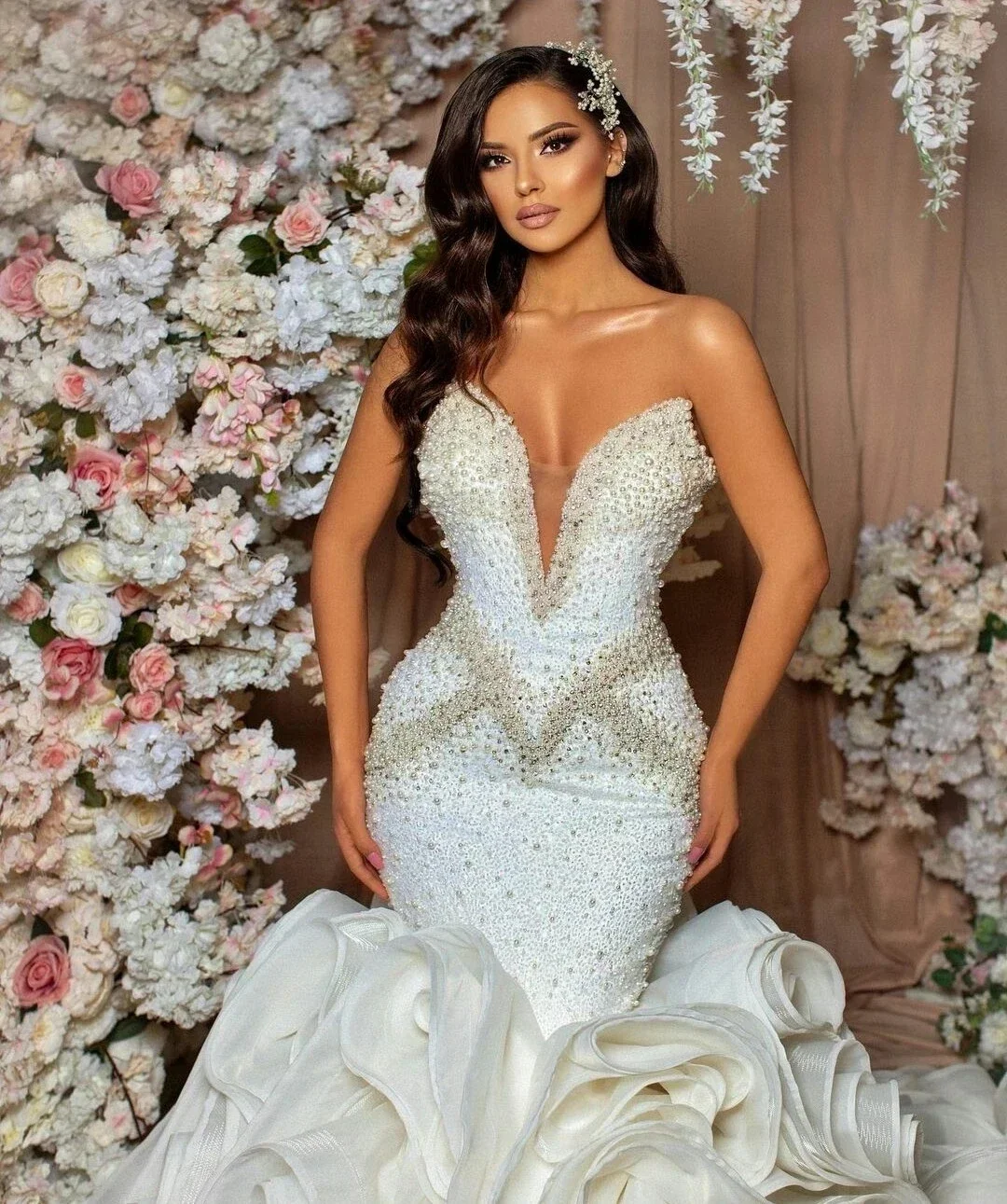 Customized  Sweetheart Shinny Beads Crystals Mermaid Wedding Dress Vestido De Noiva Sereia Cascading Ruffles Bridal Gown