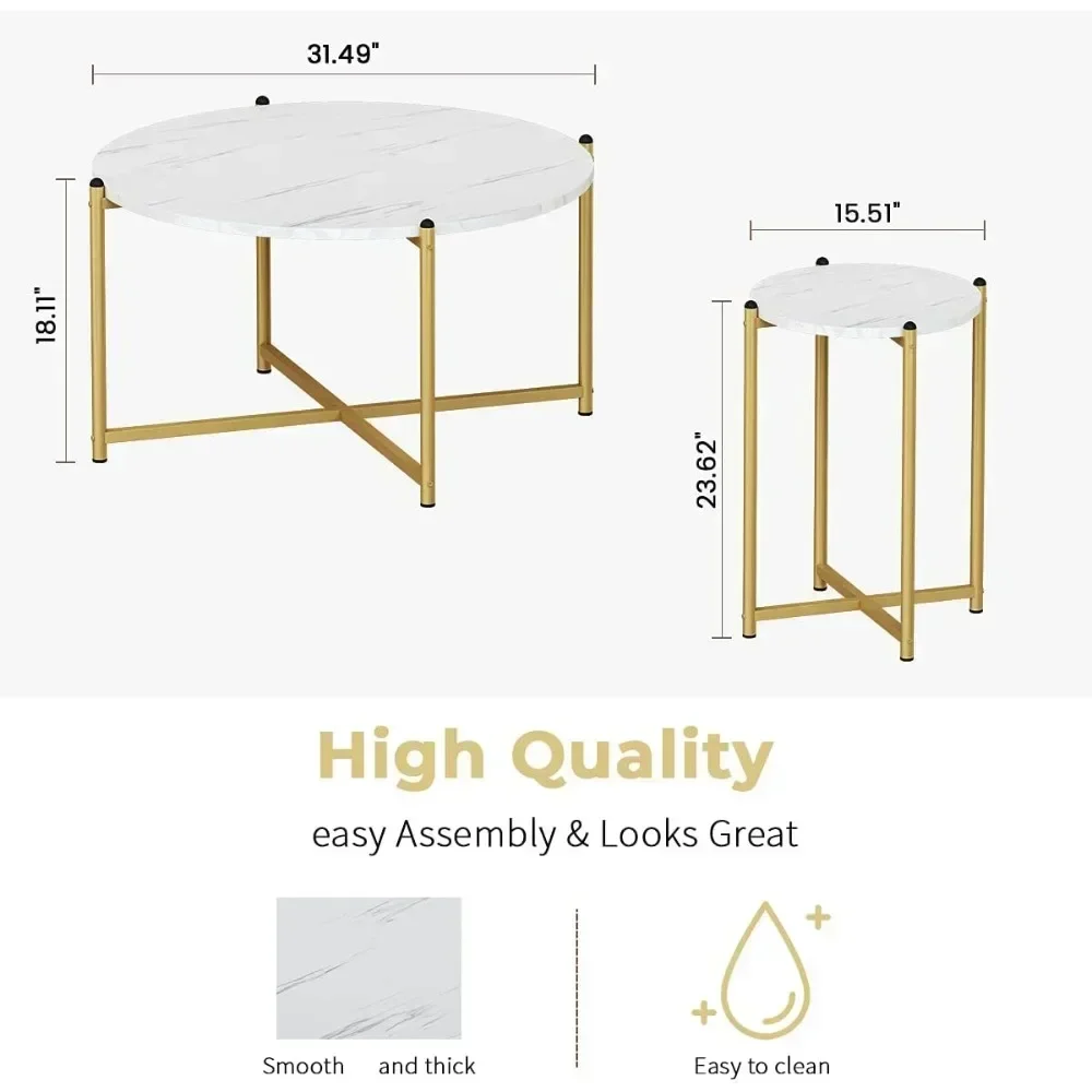 Zestaw 3 stolików kawowych ze sztucznego marmuru, 1 stolik kawowy i 2 stoliki sofowe, okrągły blat i metalowa rama z krzyżową podstawą, do salonu