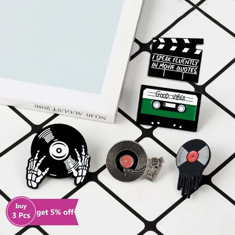 Punk Music Lovers Enamel Pin Good Vibes Tape DJ Vinyl Record Player Badge Brooch Lapel Pins Gothic Jewelry Gift Drop Shipping