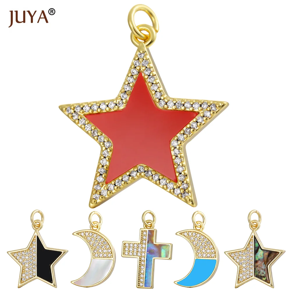 JUYA 18K Gold Plated Enamel Charms For Jewelry Making Supplies Zircon Star Moon Cross Bracelet Necklace Diy Accessories Handmade