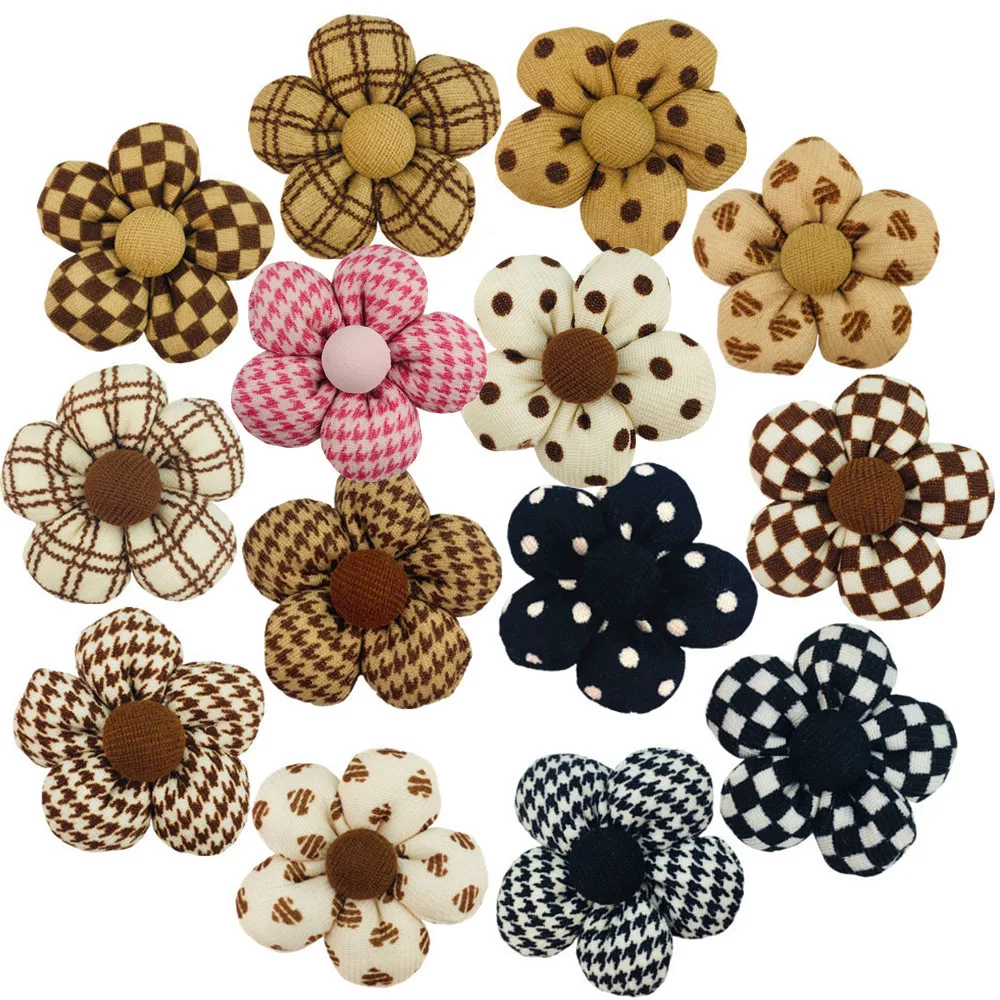 

300pcs Pcs Wholesale 6cm Cotton Five-petal Flower Beige Coffee Color Printed Headwear Pet Accessories Flower With Buttons Diy Th