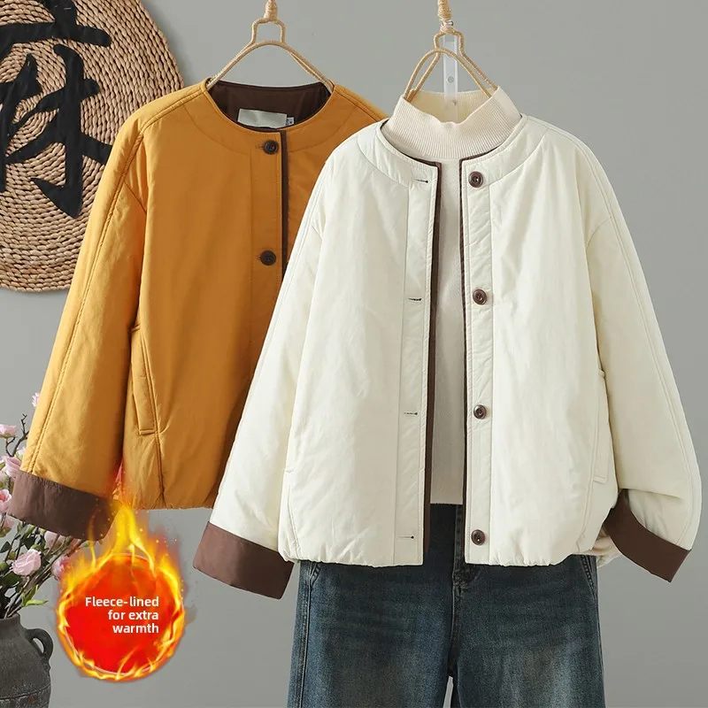 

Color Blo Cotton Jaet Women's Small Size Winter New High End Loose Warm Pure Color Cotton Coat Fem Long Sve round Ne