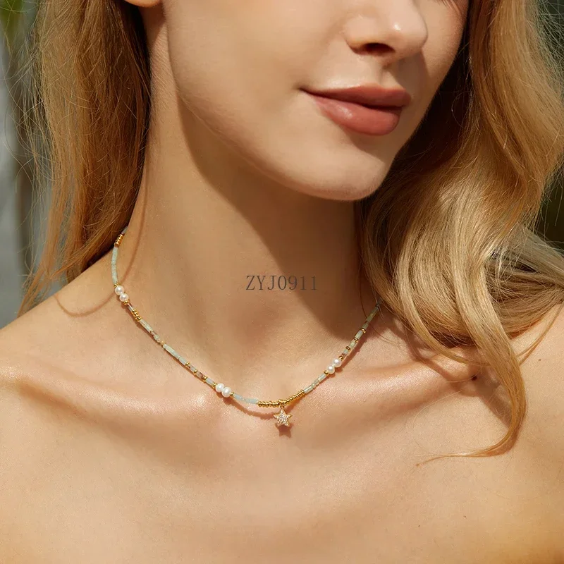 قلادة على شكل نجمة لؤلؤ المياه العذبة للسيدات 2024 سلسلة عنق فرنسية فاخرة خفيفة فاخرة مع مجوهرات