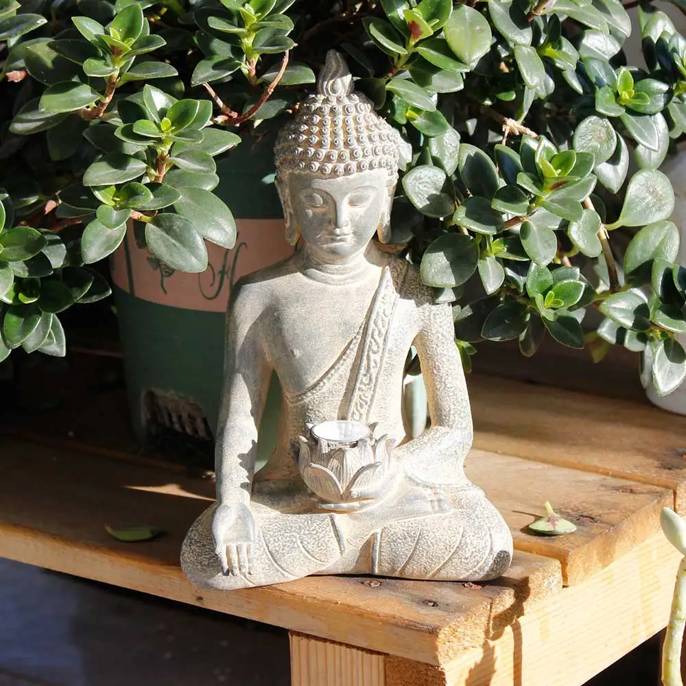 Solar-Buddha-Gartenfigur mit LED-Licht, Zen-Lotusblumen-Skulptur aus Kunstharz für den Außenbereich, meditierende Figur für Hof, Balkon und Landschaftsdekoration – Detail 5