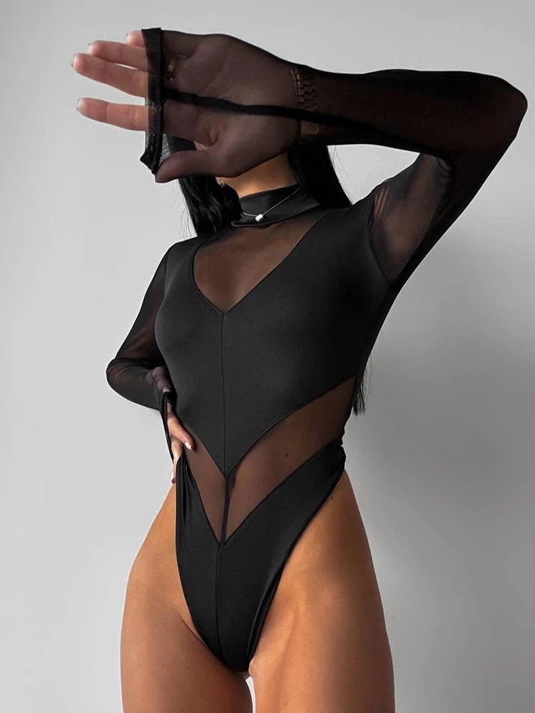 Mesh Patchwork Bodysuits For Women Fashion Sexy Clubwear Solid Long Sleeves Turtleneck Sheer Jumpsuits Female Skinny Streetwear