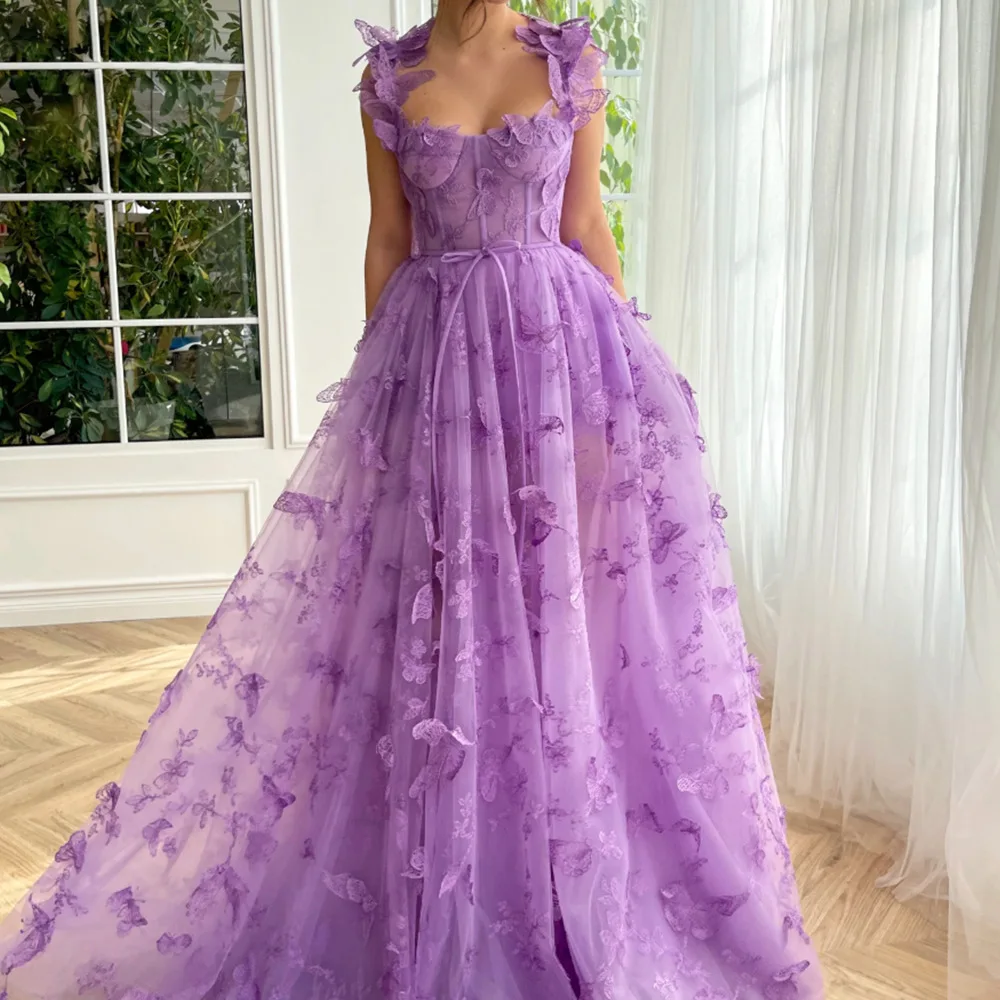 3D Butterfly Lavender Prom Dresses Strapless Tulle Pleat High Slit A-Line Green Special Occasion Dresses Robes De Soirée 2024