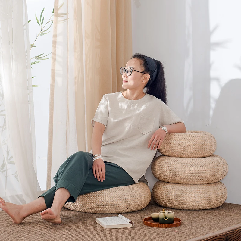 Japanese Style Thicken Futon Meditation Cushion Tatami Rattan Round Yoga Cushion Natural Straw Woven Kowtow Cushion Home Decor