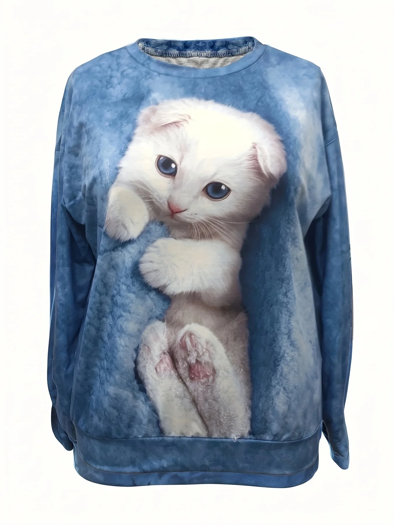 T-shirt a maniche lunghe con motivo gatto casual da donna primavera autunno taglie forti 1XL-5XL T-shirt girocollo moda donna