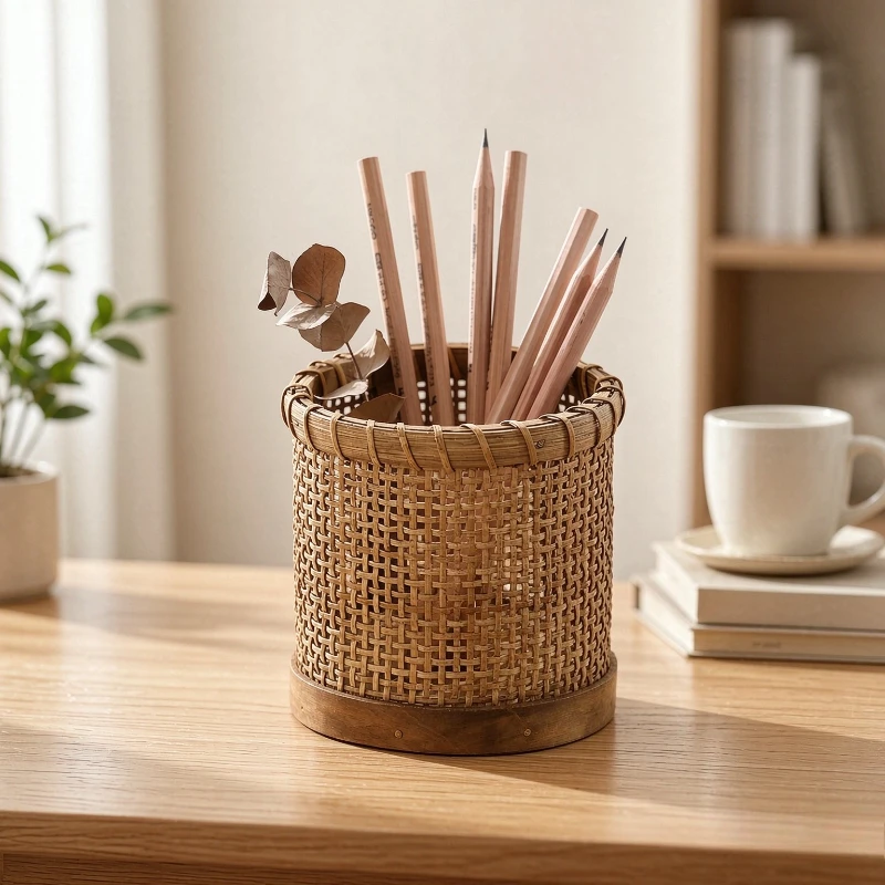 Woven Makeup Brush Holder, Vintage Desktop Storage Basket with Thick Woven Strands and Breathable Design for Vanity or Office