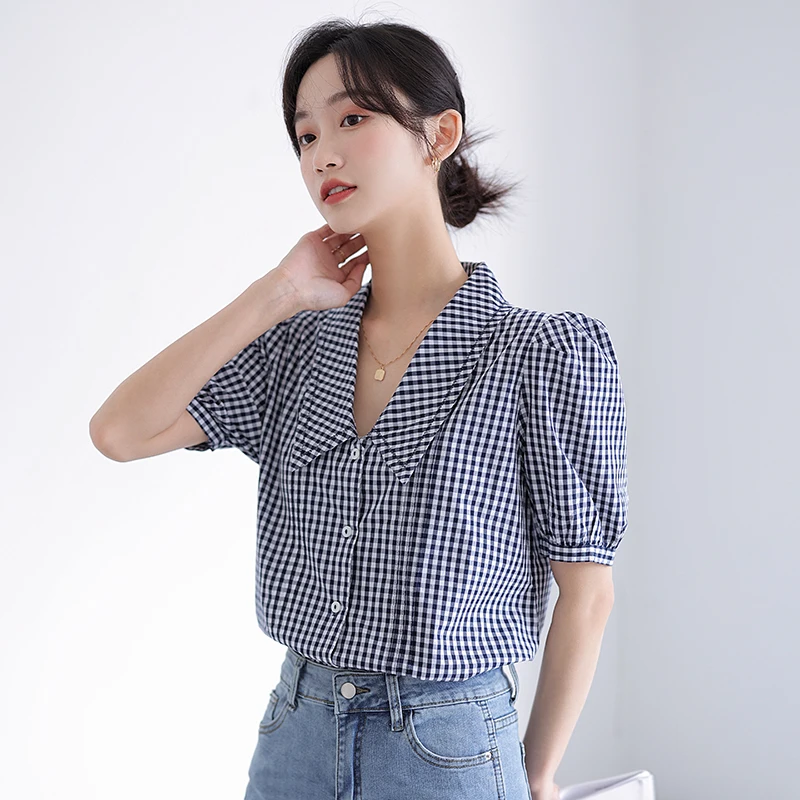 Summer Fashion Doll Collar Plaid Shirts Women Clothing Single Breasted Fhort Sleeve Tops Vintage Loose Casual Commute Blouse