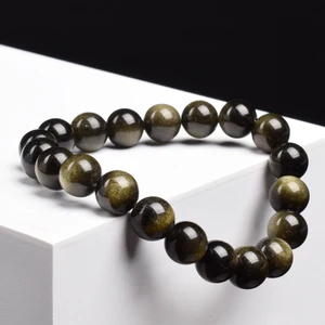 Natural Golden Obsidian Pedra Beads Pulseira, Pedra Raw Rodada Bead, Luz Arco-íris, Energia Jóias para Homens e Mulheres 10 principais vendas obsidiana pulseira - №5