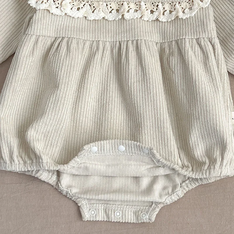 2024 New Spring Children Clothes Toddler Baby Girls Romper+Hat Long Sleeved Corduroy Lace Splicing Korean Style Climbing Suit