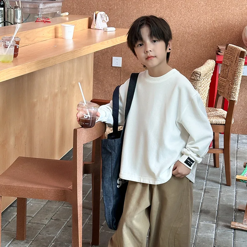 

Boys Shirts Solid Color Round Neck Comfortable Top 2025 Autumn Korean Style Simple Loose Trendy Kids Sweatshirt