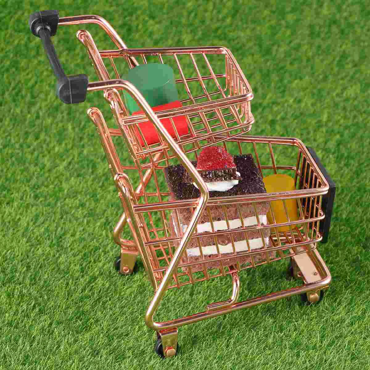 Mini Two-tier Shopping Cart Children Simulation Play Grocery Cart Trolley Storage Basket Gold Trolley