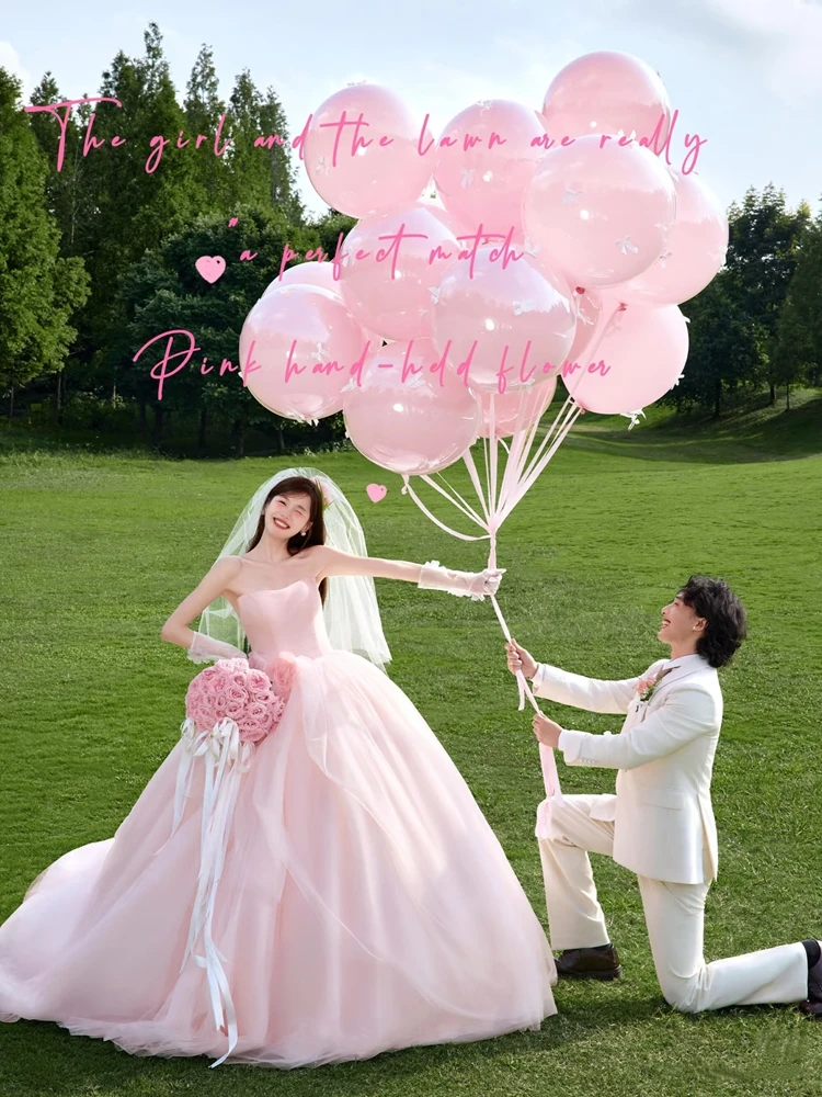 

Sweet Princess Style Bridal Gown with Sling Pink Outdoor Lawn Photography Studio Simple Design with Train for Women