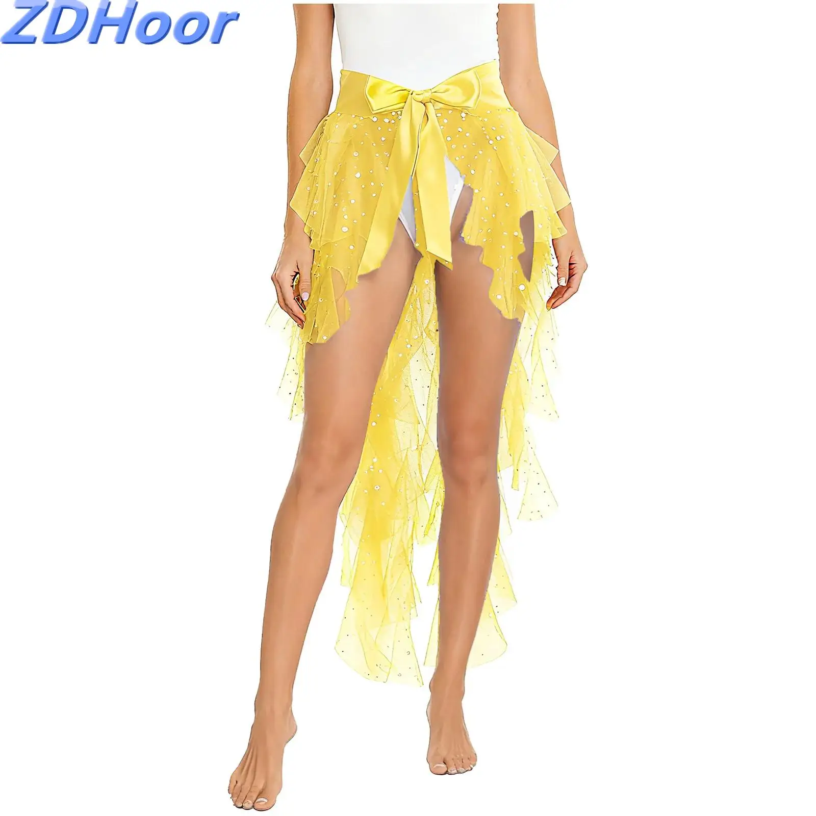 

Womens Chacha Latin Tango Belly Dance Skirts Scarf Ruffles Sequined Tulle Tiered Split Hem Satin Belt Waist Skirt Dance Costume