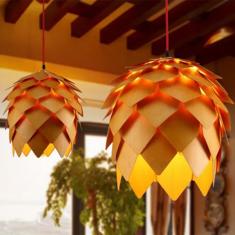 Modern Art Oak Pine Cone E27 Pendant Lights Art Handmade Smart Puzzle Restaurant Bedroom Bar Cafe Fixtures Luminaire