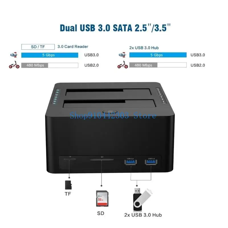 L4MD Estação acoplamento disco rígido 6 1 com porta dupla 2xUSB3.0 e leitor vários cartões para transferência rápida