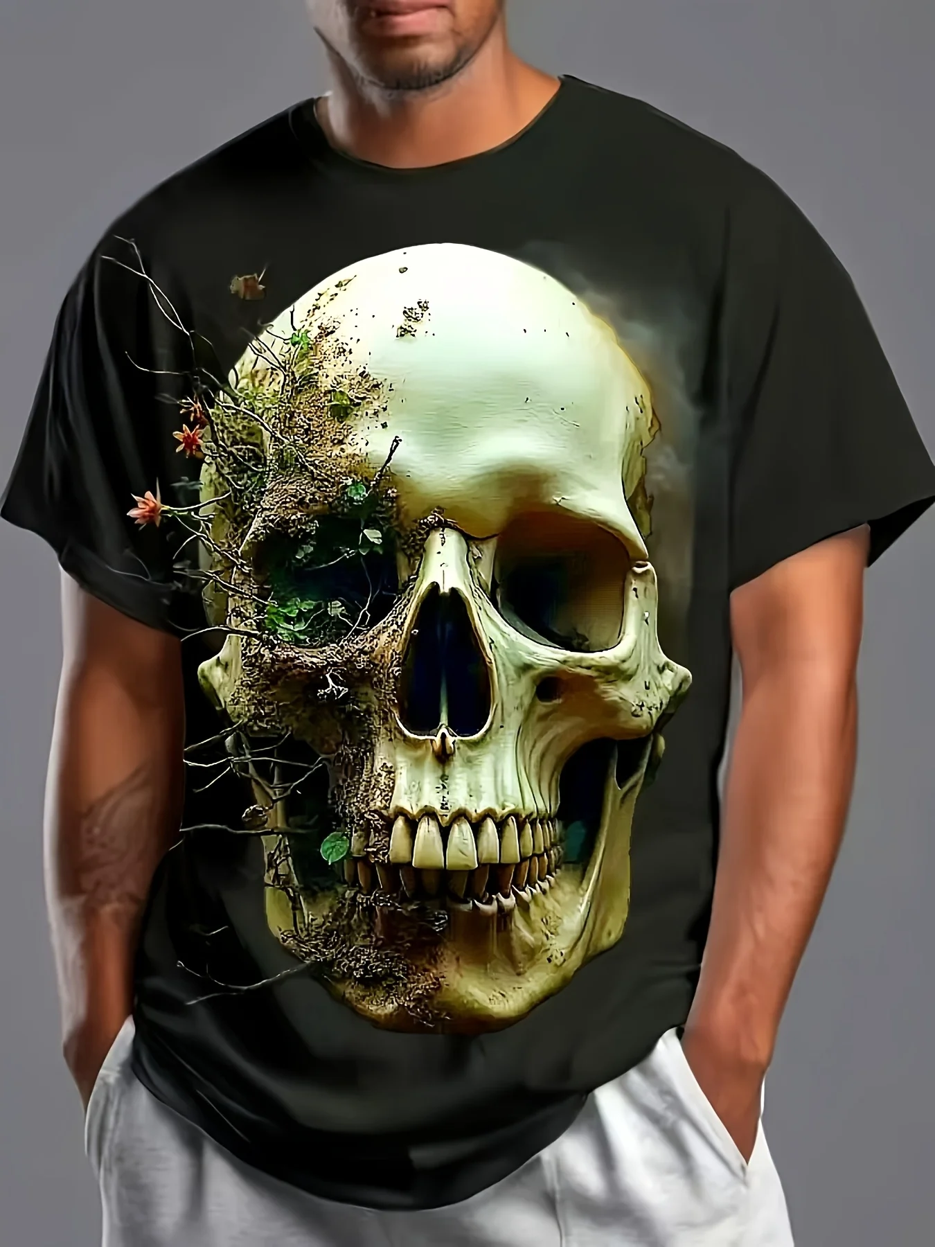 Men's 3D Embossed Lion Head Print T-Shirt Metallic Texture Wild Animal Luxury Crew Neck Top