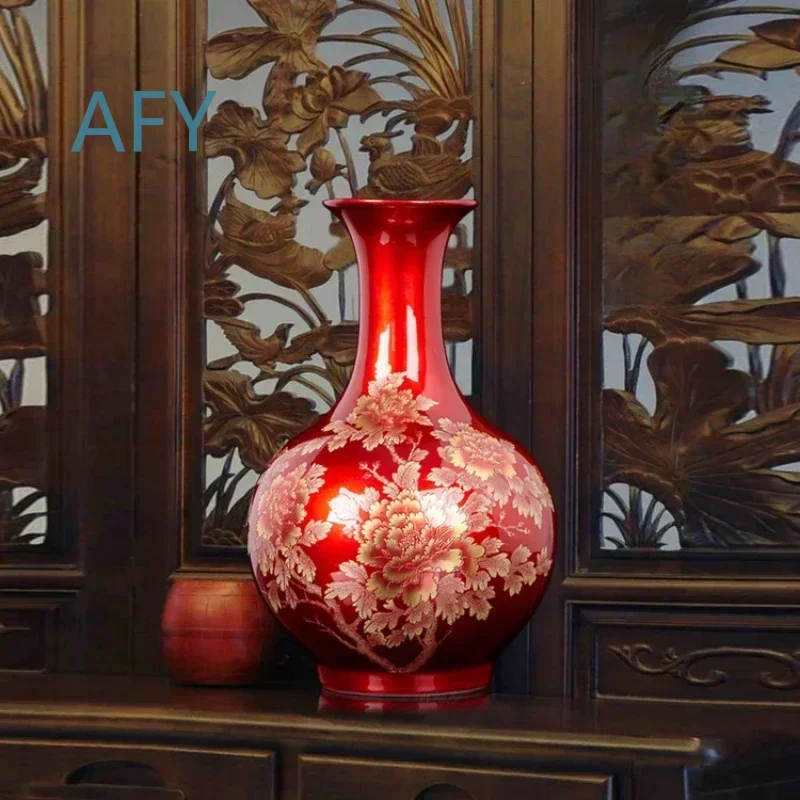 Crystal Glaze Red Peony Vase for Chinese Style Decor Ceramic Porcelain Vase for Artificial Flowers Ornate Luxurious Home