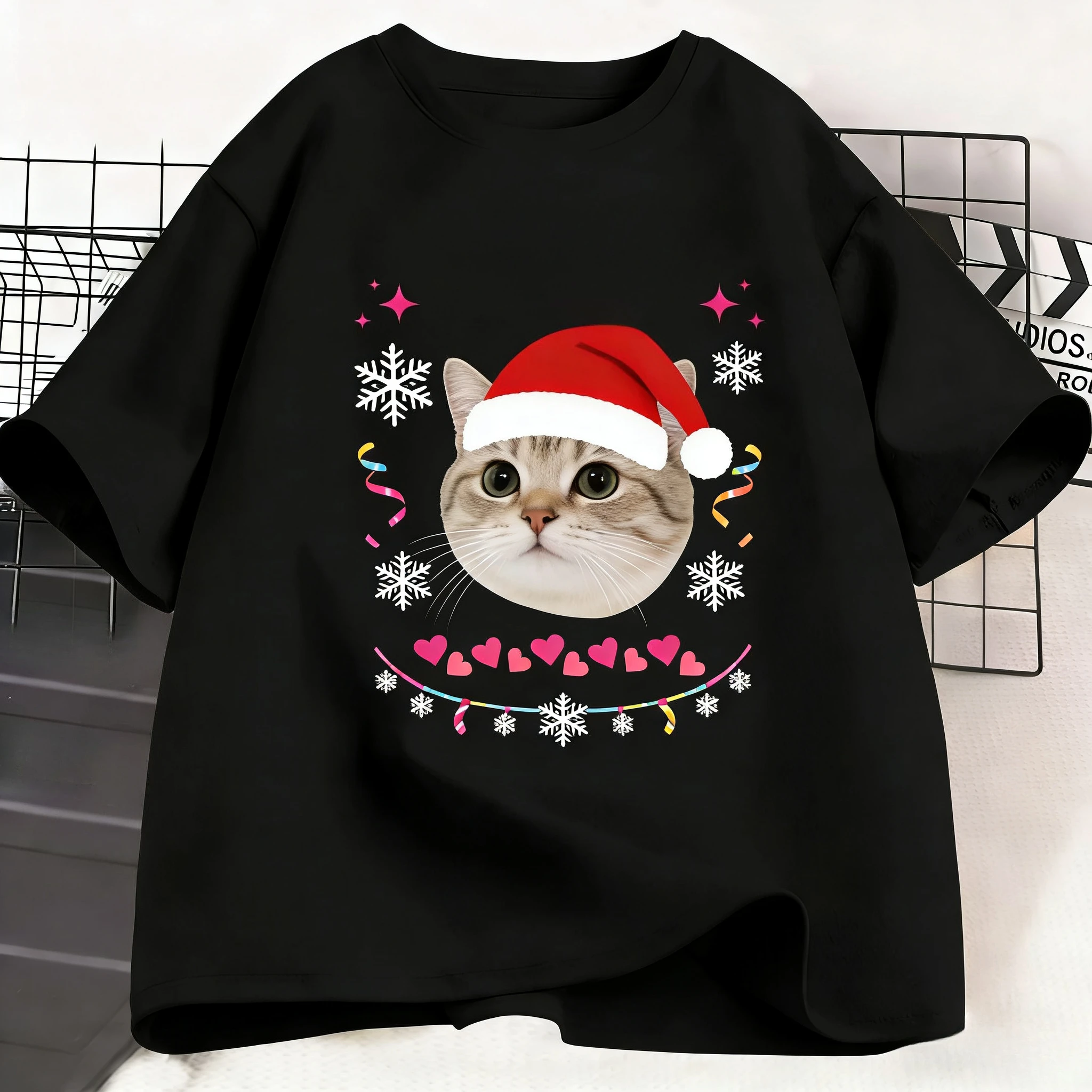 고양이 미니멀리스트 트렌디 코튼 루즈핏 반팔 티셔츠 크리스마스 티셔츠 유니섹스 커플 매칭 스트리트웨어 탑