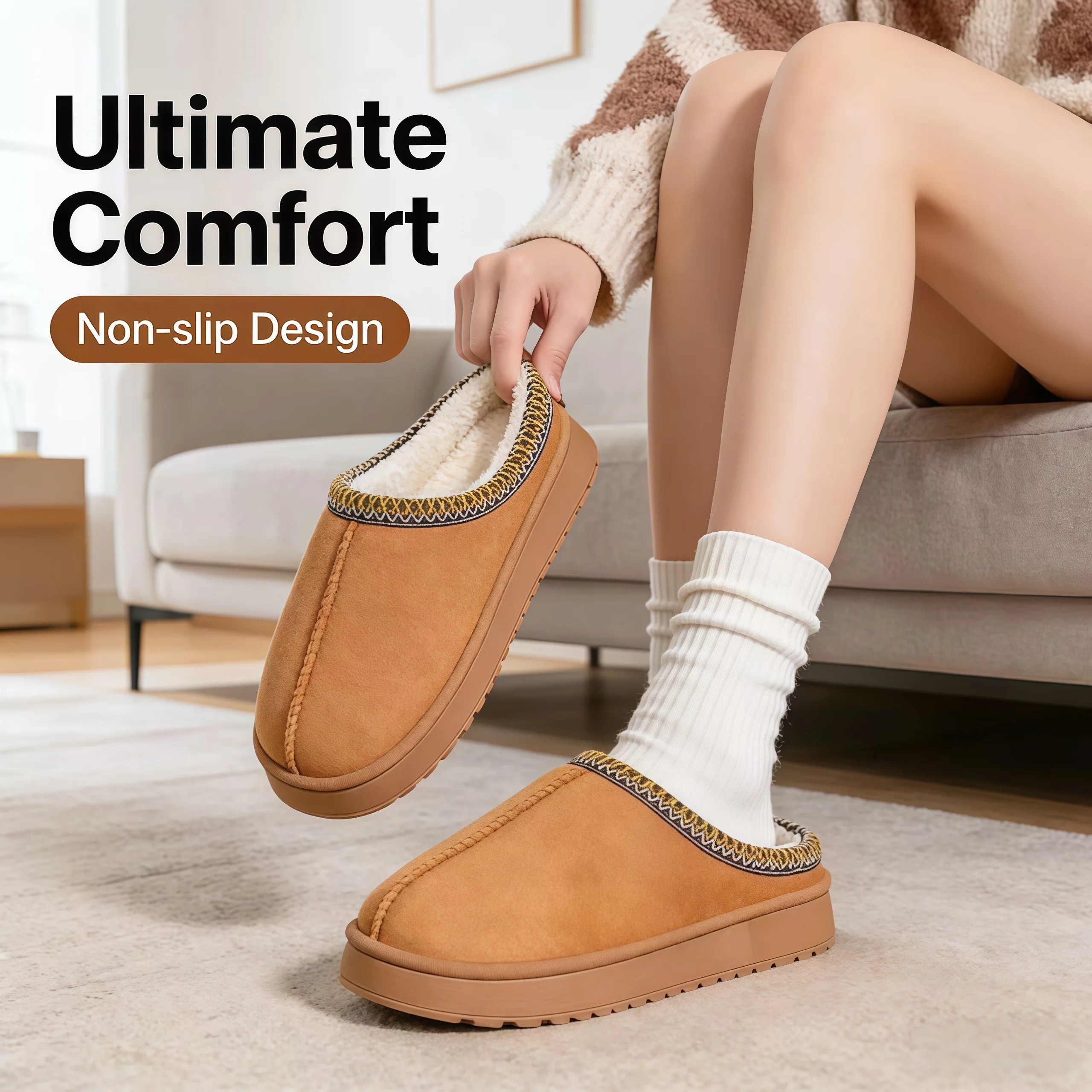 

New Plush Fleece Lined Slippers Winter Warm House Shoes with Thick EVA Sole for Indoor/Outdoor Use Cozy Non-Slip Home Footwear