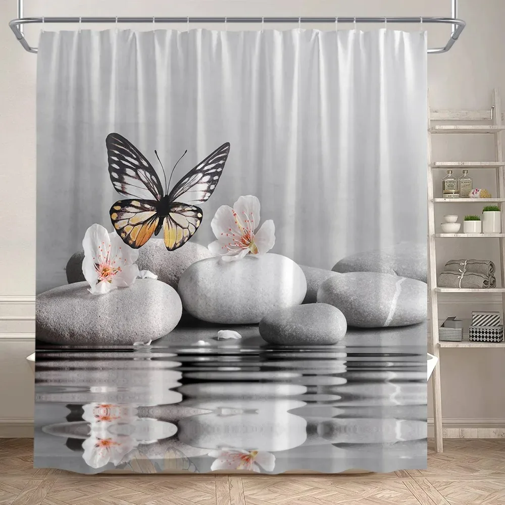 Zen Green Bamboo Shower Curtains Purple Orchid Butterfly Flowers Plants Black Stone Spa Nature Scenery Fabric Bathroom Decor Set