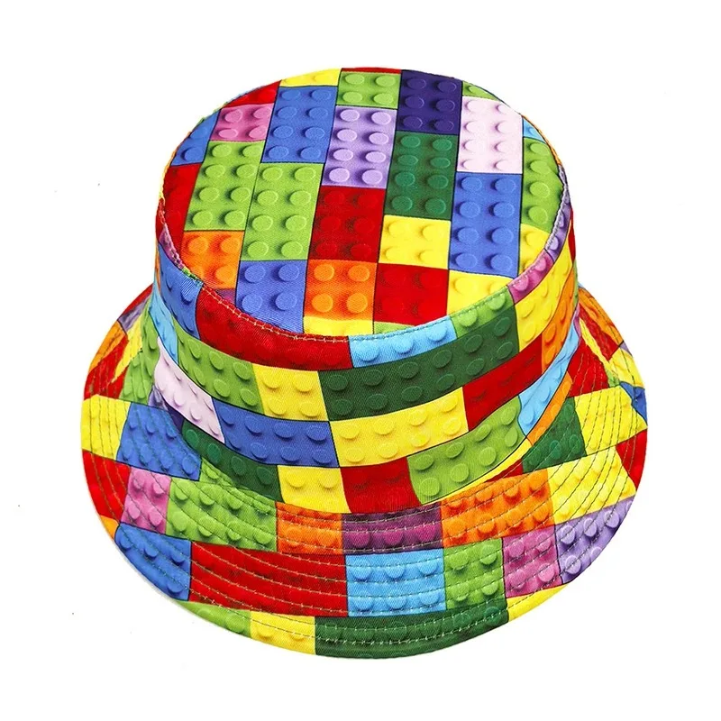 Building Block Bucket Hat Colorful Fisherman Hats Jigsaw Puzzle Panama Cap Double Sides Caps for Unisex Summer Outdoor Sun