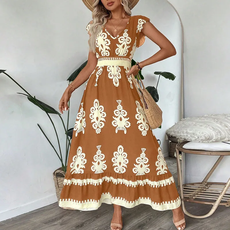 Kleider für Damen Neues Sommerkleid mit kurzen Ärmeln und V-Ausschnitt für Damen Elegantes A-LINE-Kleid mit Aufdruck Damen Vestidos De Verano Mujer 2026 Q433