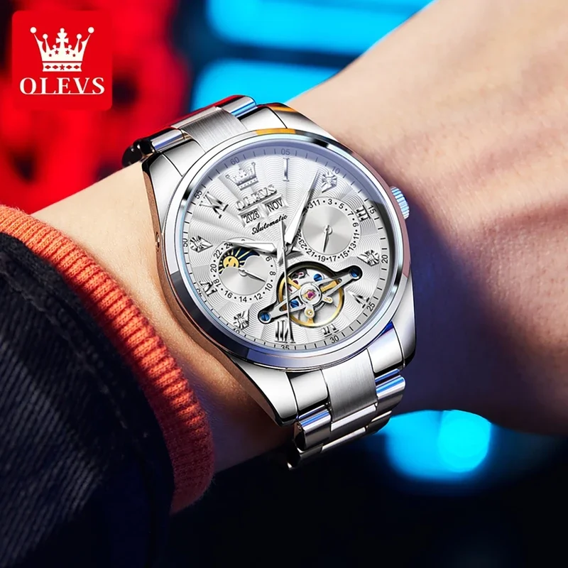 OLEVS 7028 Hollow Skeleton Mechanical Watch Men Moonswatch Auto Date Roman Scale Hand Clock Waterproof Luxury Watch