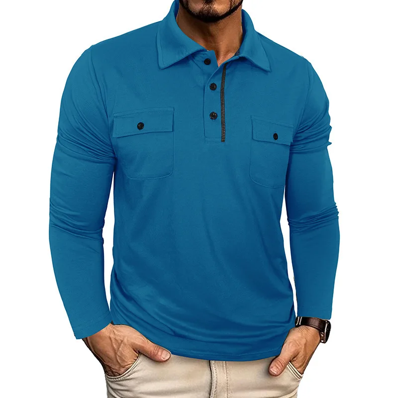 

Men's Pocket Turn Down Collar Long Sleeve Polo Shirt Casual Button Henley Neck T-shirt Slim Bottoming Shirt Fitness Tops Tees