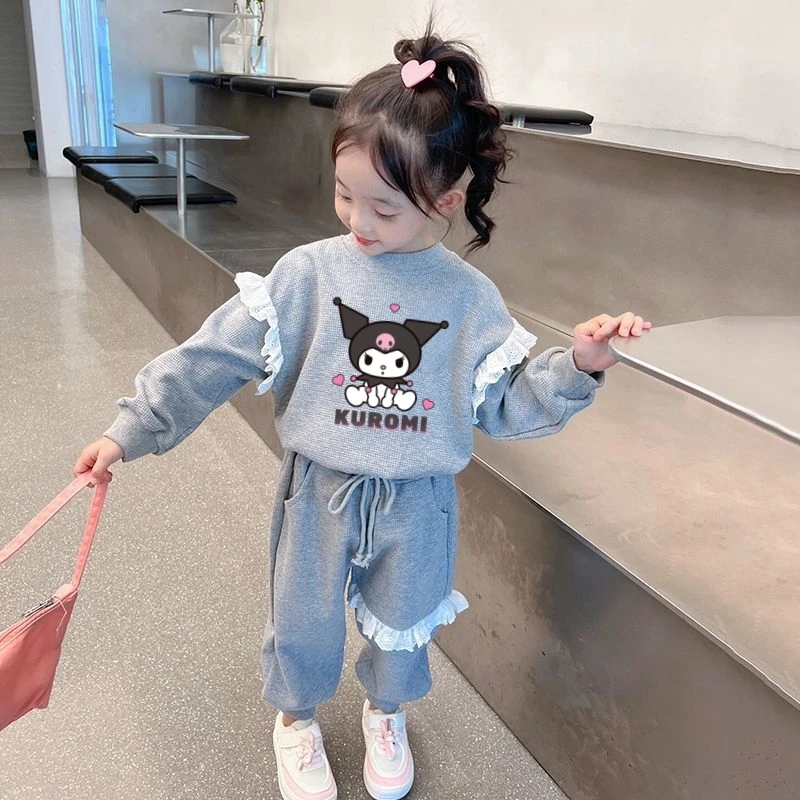 

Sanrio Autumn Baby Clothes Lace Decoration Set Kid Kunomi Printed Girls Sweatshirts Pullover Top and Pants 2pcs Cute Sportswear