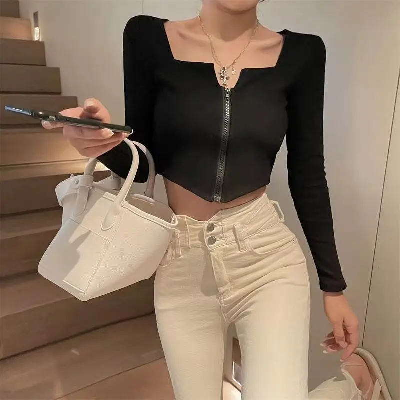 T-shirts Women Zipper Creativity All-match Pure Sexy Basics Delicate Personality Ladies Simple Daily Korean Style Popular New