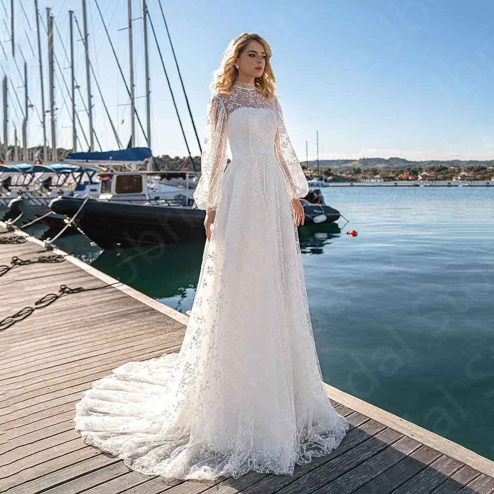 Charming Beach Wedding Dresses Boho Bridal Gowns Lace Long Sleeves Bride Dresses Summer High Neck Wedding Gowns 2024 Beaded