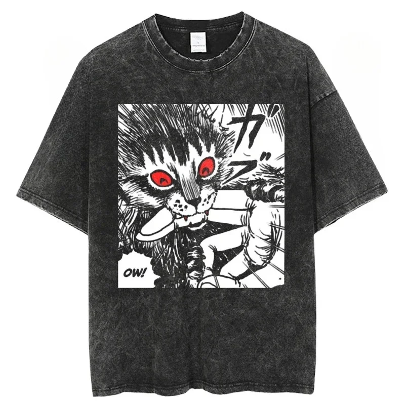 Horror Anime Pattern Print Washed T-shirts Women Summer Casual Fashion Harajuku Vintage Streetwear Y2K O-Neck Short Sleeve Tees