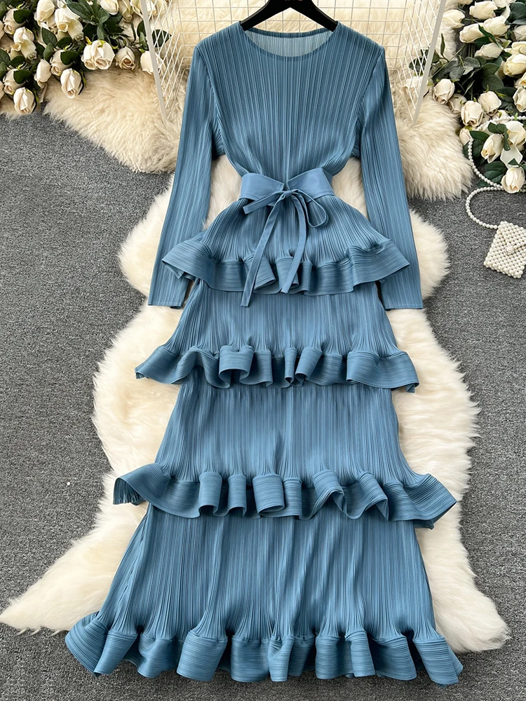 EWQ Ruffles Shirring Lace-up Solid Color High Waist A-line Vestidos Sweet Style Women\'s Dress Winter Spring 2024 New 27SN5169