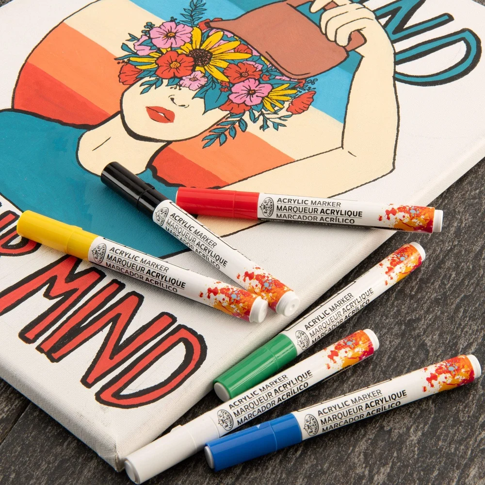 Marcadores de ponta reversível acrílicos, 6 peças, suprimentos de arte multi-superfície, não-tóxico, detalhes finos, letras, ilustrações, artesanato