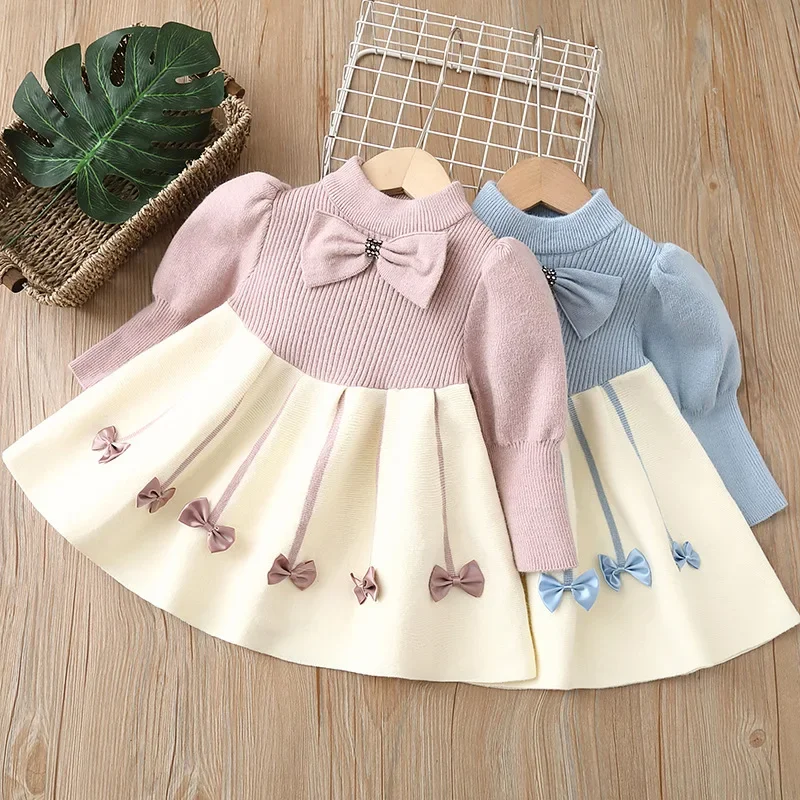 Girls Casual Dresses Bow Puffy Sleeve Sweater Girls Winter Clothes Kids Dresses for Girls 2 To 8 Years Princess Dress Toddler