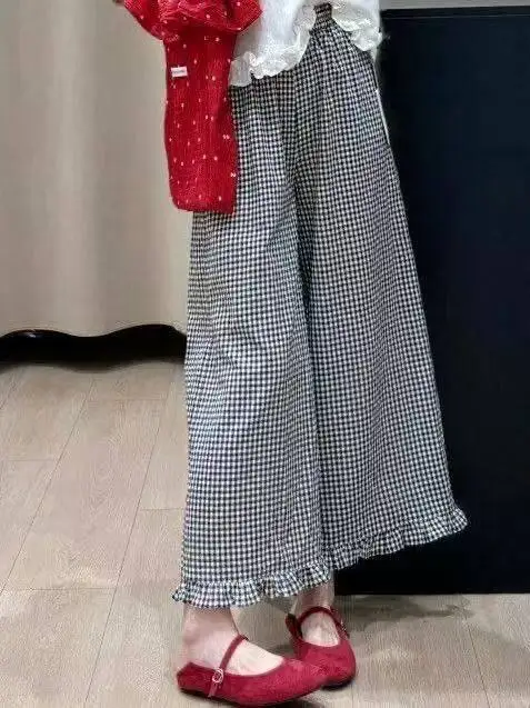 Summer New Black Plaid Casual Pants Draped Gored Skirt Style Korean Simple Design Versatile Lazy Pants High Waist Wide Leg