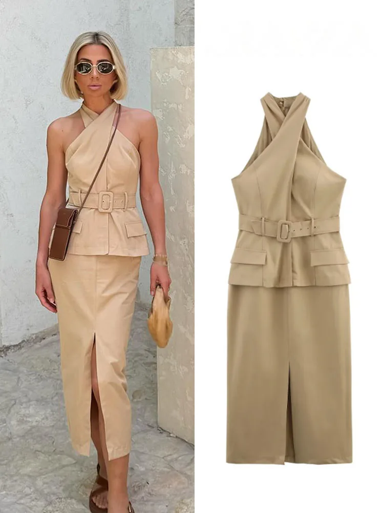 HH Mode Kaki Riem Cross Design Midi-jurk Zomer Damesstraatkleding Slim-fit Kantoorrok Commuter Outfit