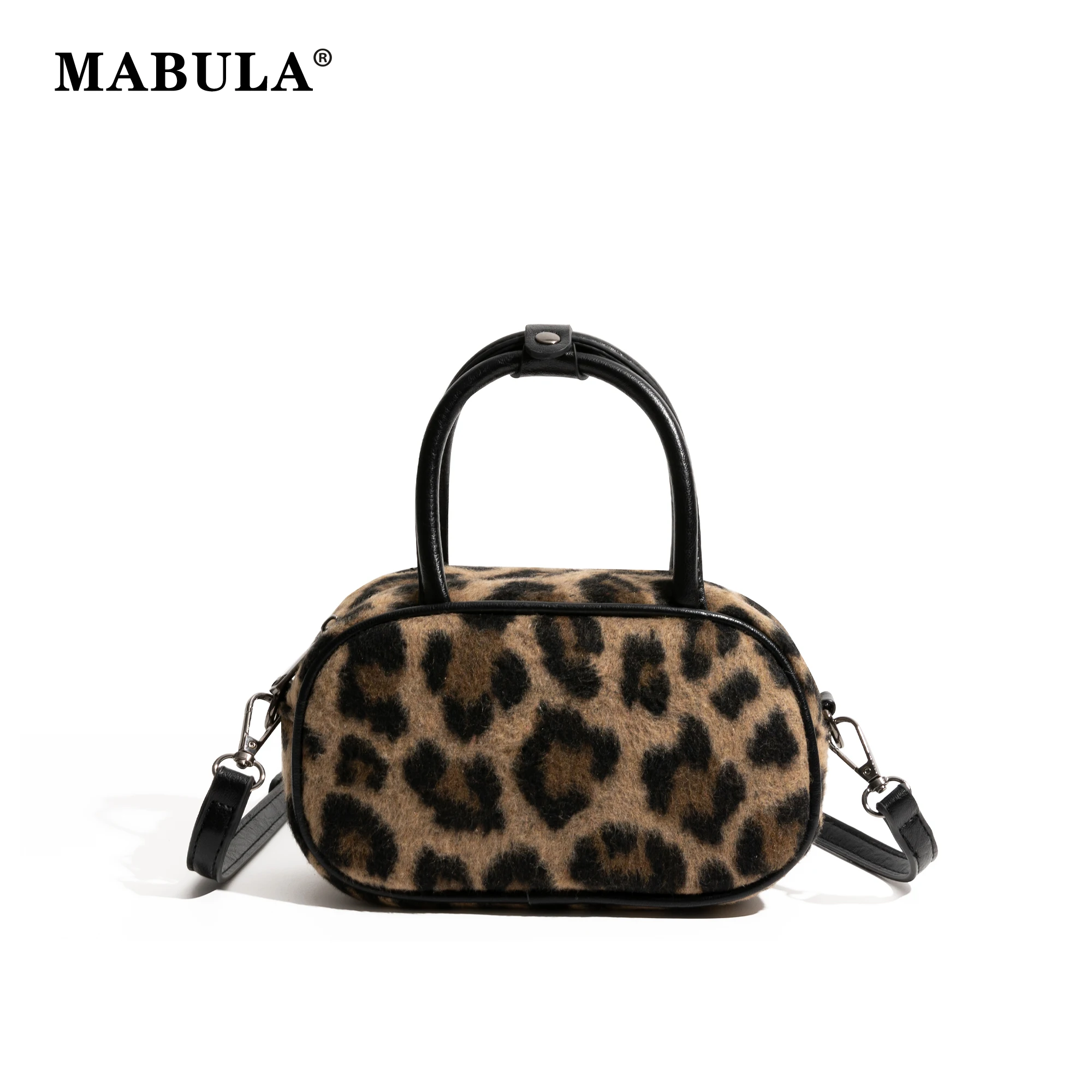 

MABULA Vintage Leopard Small Bowling Phone Purse Winter Woolen Luxury Design Fashion Lady Boston Handbag Shoulder Crossbody Bag