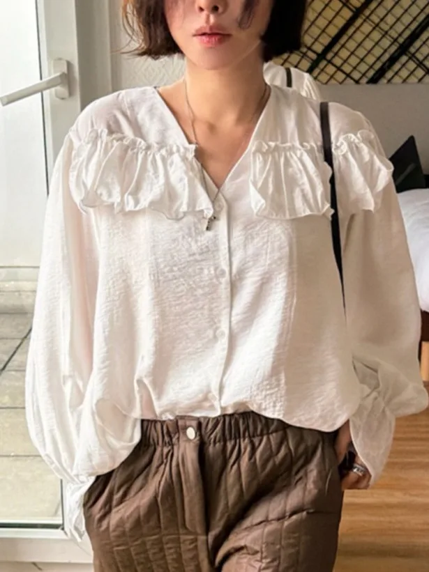 

Ele V-Ne Bubble Sve irt Женский весенний свободный очаровательный топ с нежным ветром и текстурой деревянных ушей в Корейском стиле