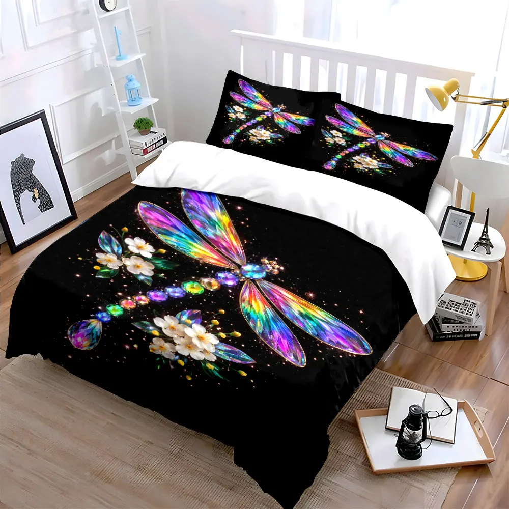 Rainbow gemstone dragonfly with white flowers Print Bedding Set 1 Duvet Cover 2 Pillowcases for Adult and Children Luxury Gift