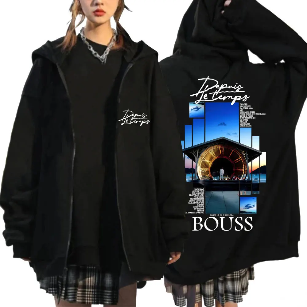 

Рэпер BOUSS DEPUIS LE TEMPS Album 2025 Толстовка на молнии Мужская винтажная модная толстовка на молнии в стиле хип-хоп Зимняя флисовая свободная куртка