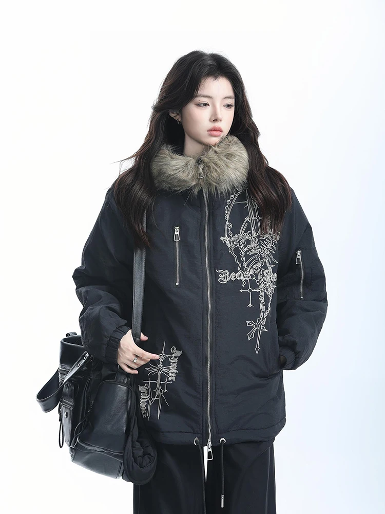 Faux Fur Collar Hooded Design Cotton Coats Tops Winter Korea Thicken Parkas Casual Warm Chaquetas Vintage Fashion Women Casaco