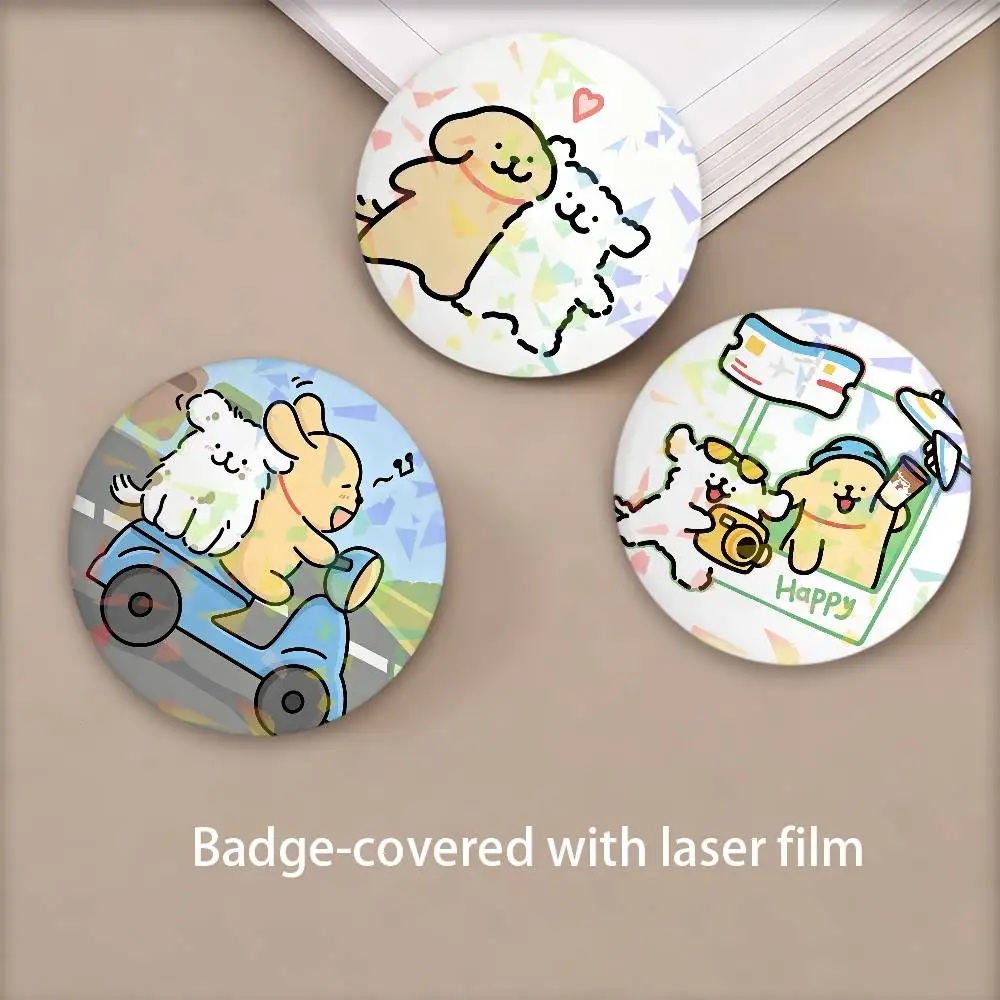 Cartoon Line Dog Maltese Kawaii Badges Round Laser Badge Brooch Backpack Accessories