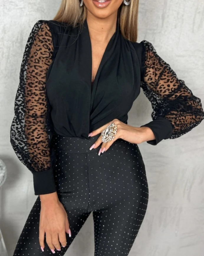 

Women's Fashion Sexy V Neck Leopard Sheer Mesh Patch Long Sleeve Bodysuit Temperament Commuting Female Casul Sim Fit Shirt Top