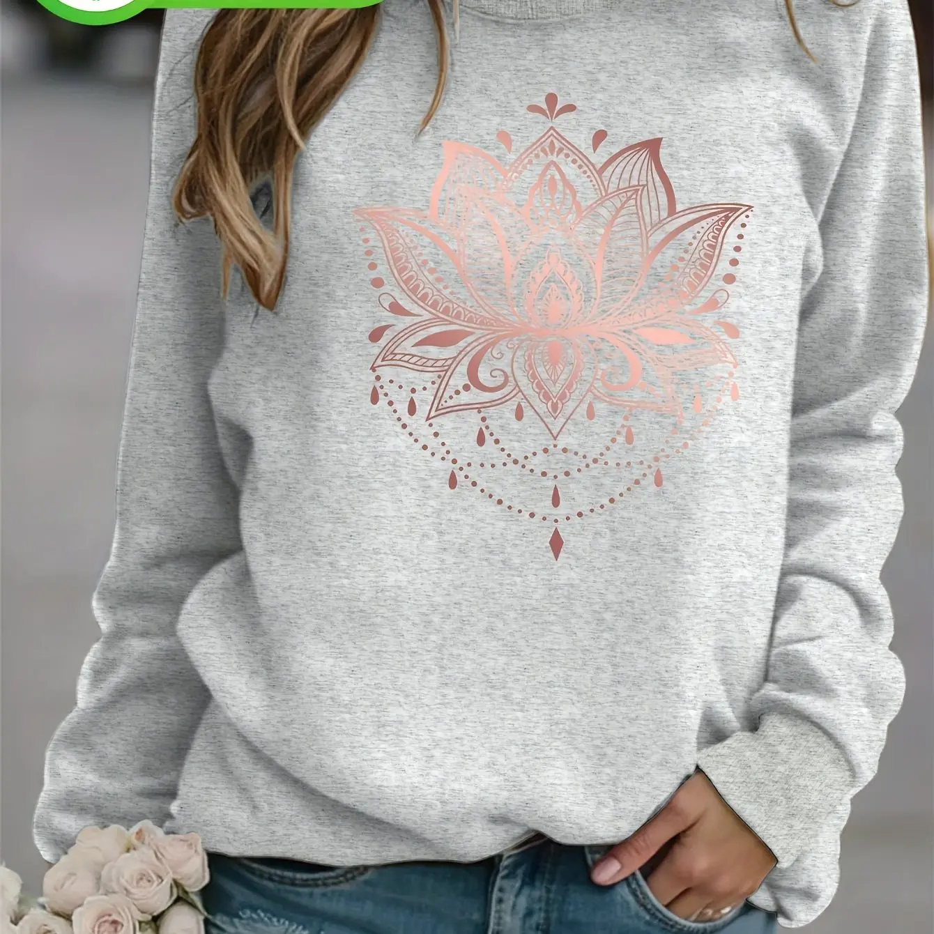 سويت شيرت نسائي برقبة دائرية عتيق باللون الذهبي الوردي لطباعة اللوتس والأزهار بطبقات غير رسمية سترة ناعمة تشبه الملمس