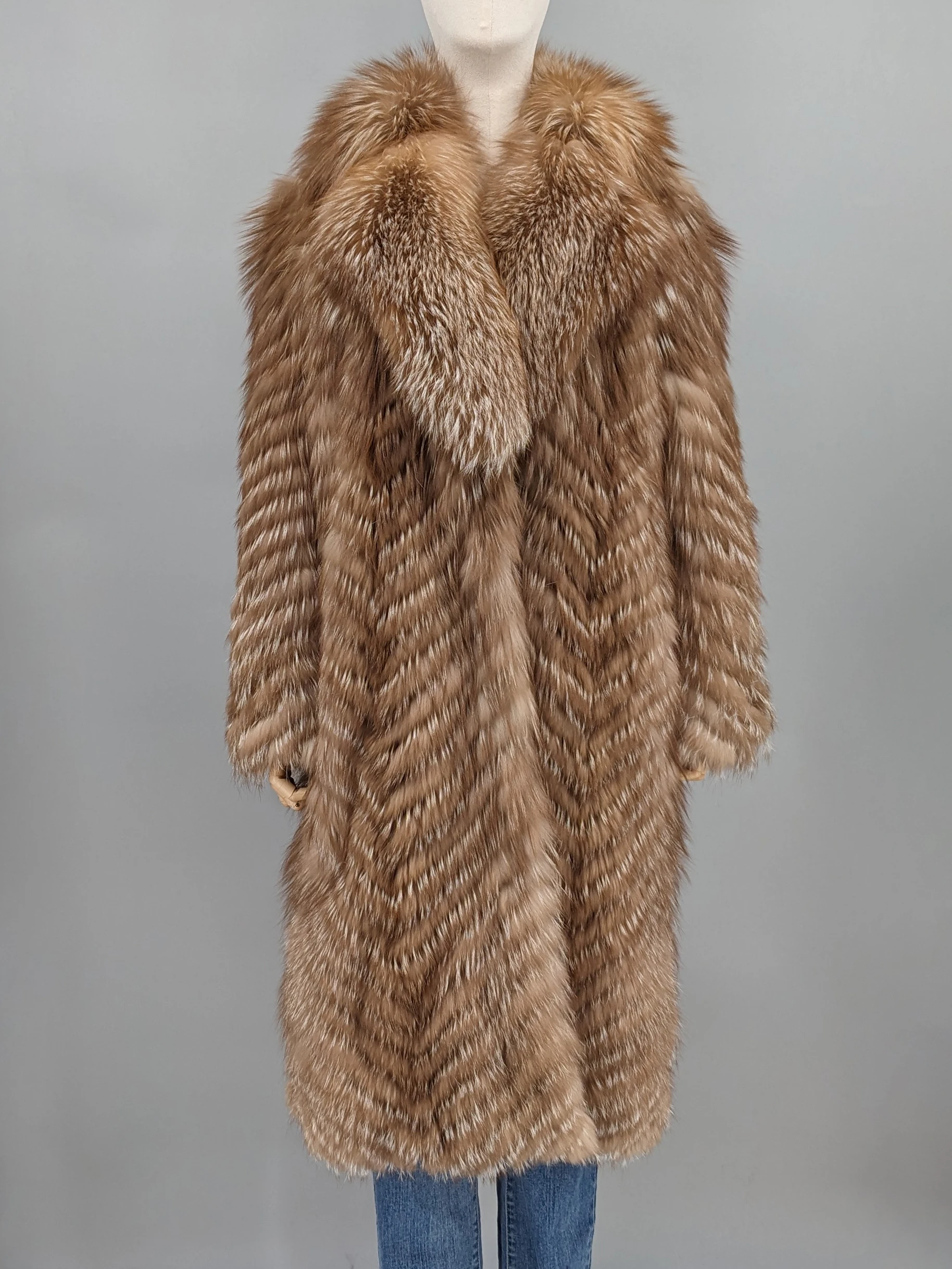 Abrigo largo de piel de zorro natural real con cuello grande largo 110 cm 250464