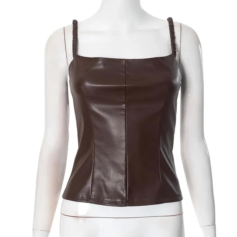 European and American Slim Fit Camisole Women Clothing Leather Vest Fashionable Sexy Tight Sleeveless Solid Color Cropped Tops